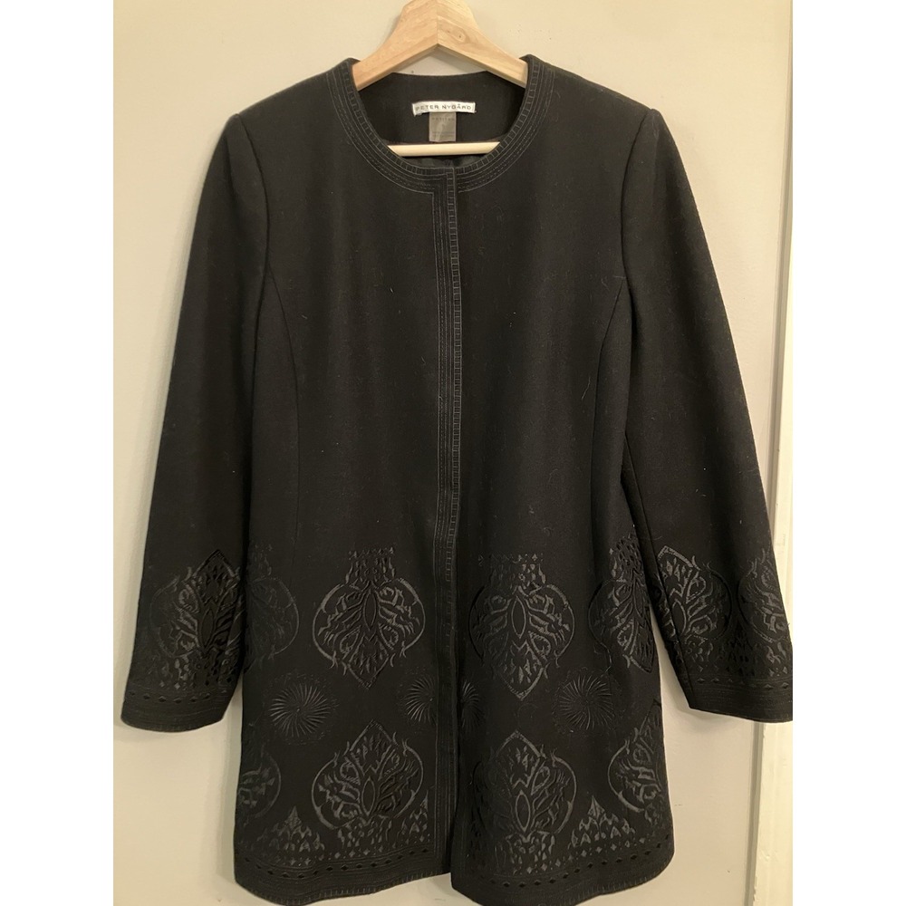 Stunning Peter Nygard Petite 8 Black Wool Embroidered Open Front Jacket Blazer